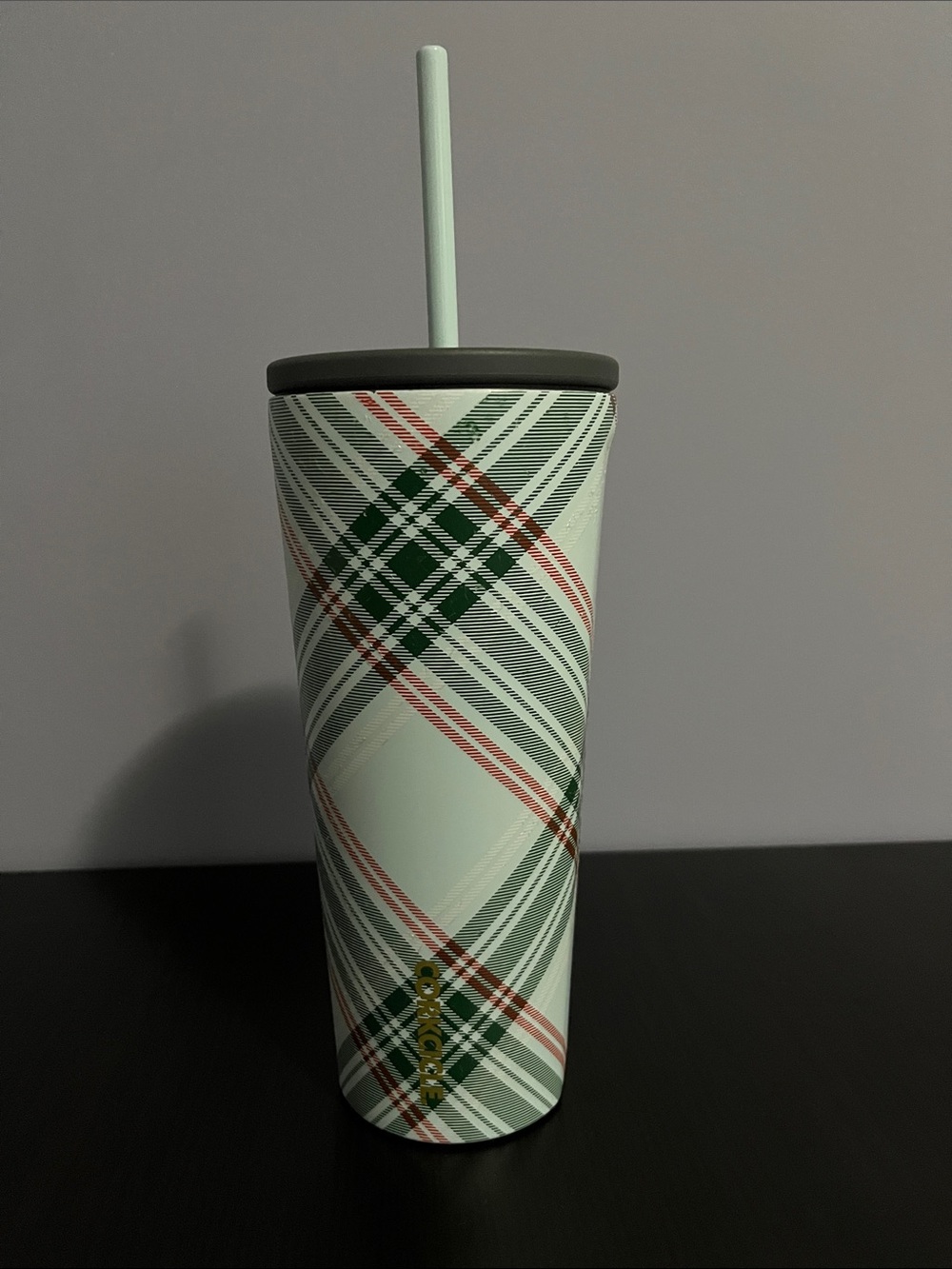 Corkcicle Plaid Travel Tumbler in Mint, Green, and Red - Cup with Lid and Straw